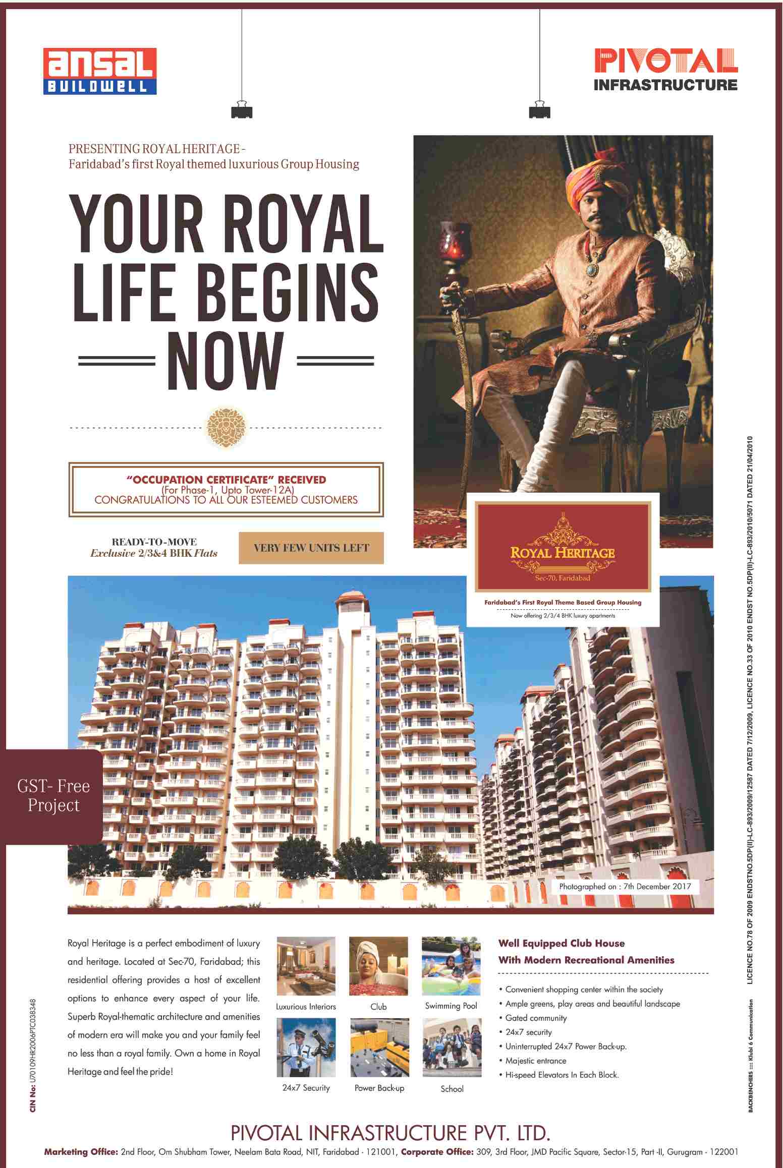 Reside in the first royal themed luxurious group housing at Ansal Pivotal Royal Heritage in Faridabad Update